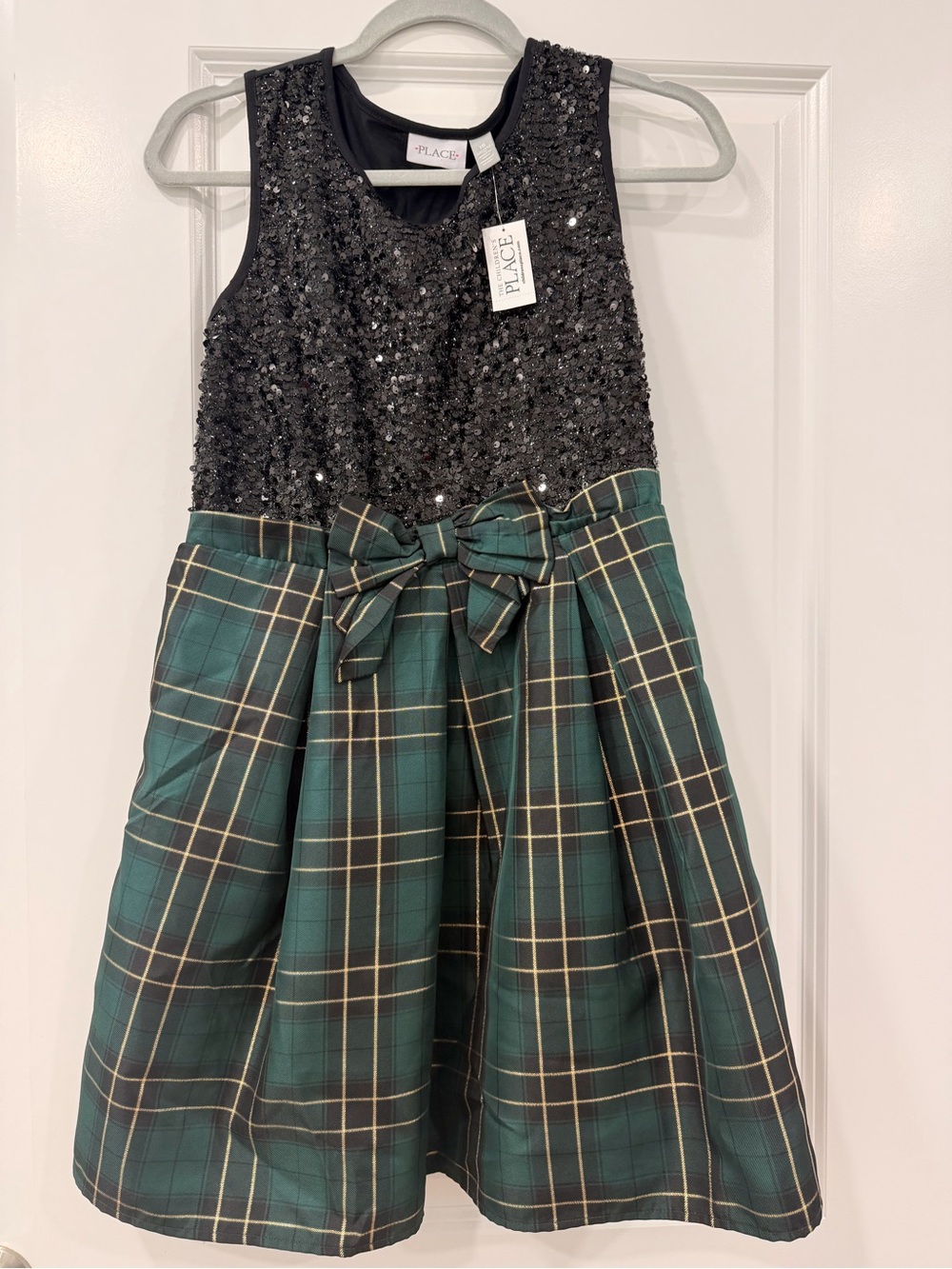 George Black Sequin Bodice with Green Plaid Bow Holiday Dress
